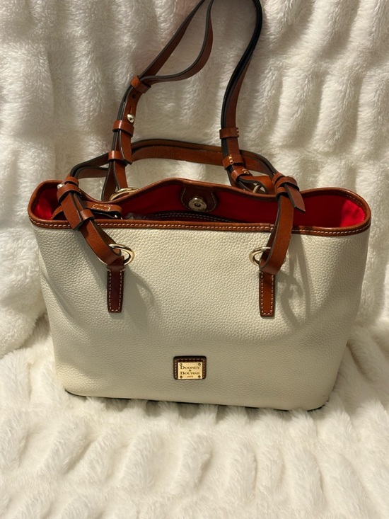 Dooney & Bourke Handbags - Dooney & Bourke Cream Tote with Brown Trim and Red Interior